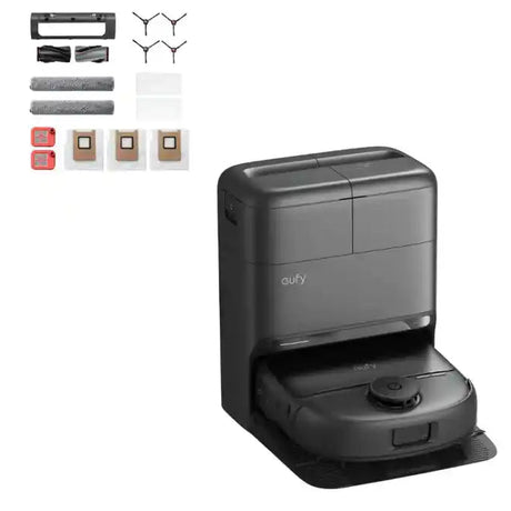 Eufy Omni C28 black robot vacuum and mop with self-emptying dock station shown alongside included accessories including brushes, filters, cleaning cloths, side brushes and dust bags