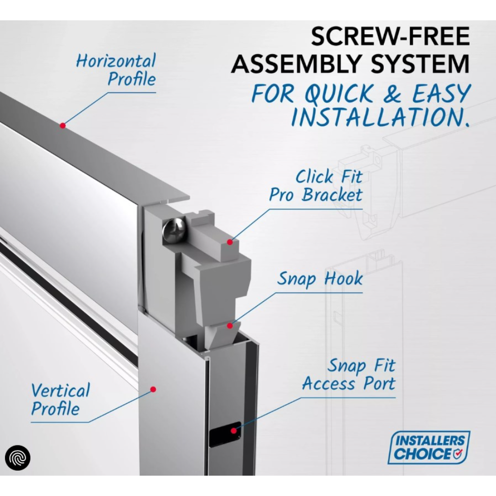 Screw-free assembly system diagram for Flair VERVE PRO bifold shower door showing horizontal and vertical profiles, Click Fit Pro bracket, snap hook and snap fit access port in chrome and matt black finish