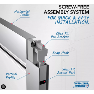 Screw-free assembly system diagram for Flair VERVE PRO bifold shower door showing horizontal and vertical profiles, Click Fit Pro bracket, snap hook and snap fit access port in chrome and matt black finish
