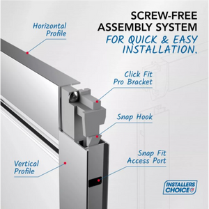 Flair Verve Pro sliding shower door assembly diagram showing screw-free installation system with horizontal profile, vertical profile, click fit pro bracket, snap hook and snap fit access port in chrome and matt black finish