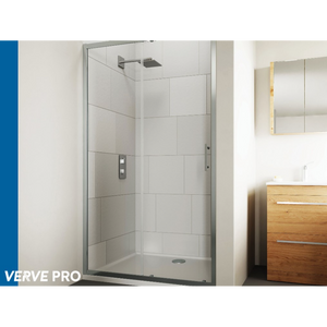 Modern chrome framed sliding shower door with clear glass panels in a contemporary bathroom, featuring white subway tile walls, chrome showerhead, wooden vanity cabinet and mirror medicine cabinet