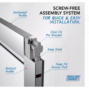 Screw-free assembly system diagram showing horizontal and vertical profiles, Click Fit Pro Bracket, Snap Hook, and Snap Fit Access Port for quick installation of Flair VERVE PRO shower enclosure in chrome and matt black finish