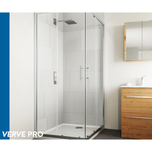 Modern corner entry shower enclosure with chrome and matt black framing, clear glass panels, white subway tile surround, rainfall showerhead, and wooden vanity unit in contemporary bathroom setting