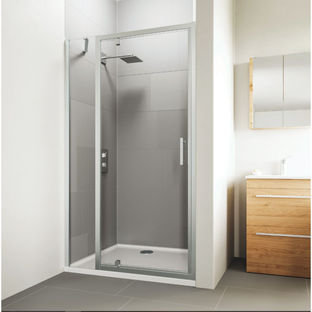 Flair Verve Pro chrome pivot shower door with frosted glass panel in modern bathroom setting, featuring grey tiled walls, white base tray, and wooden vanity unit