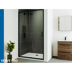 Modern frameless sliding shower door with matt black frame and clear glass panels featuring dark grey tile surround, displayed in contemporary bathroom setting with wooden vanity and white sink