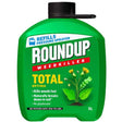 Roundup Total Optima weedkiller 5 litre refill bottle with pressure sprayer pump top, bright green plastic container with white and red branding, black spray nozzle attachment visible at top