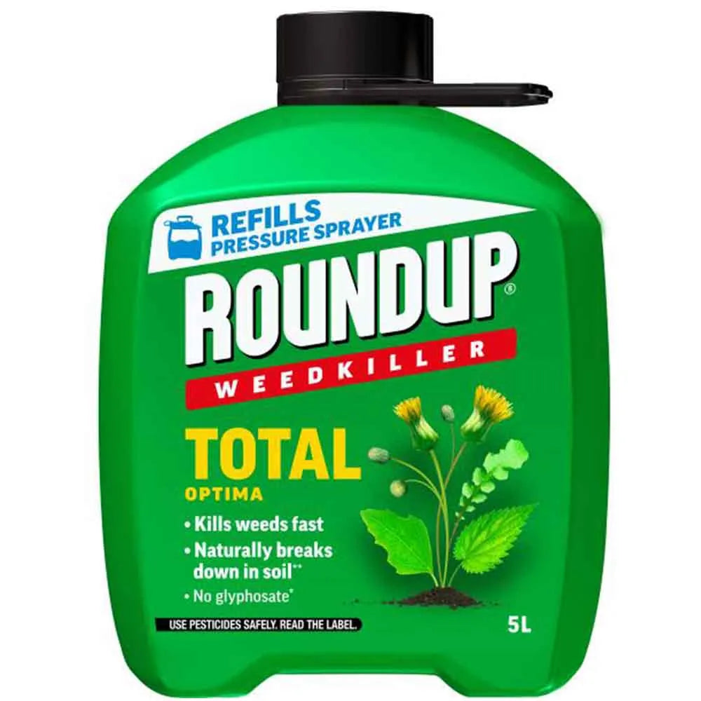 Roundup Total Optima weedkiller 5 litre refill bottle with pressure sprayer pump top, bright green plastic container with white and red branding, black spray nozzle attachment visible at top
