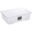 Clear plastic underbed storage box with lid and handles, 32 litre capacity, featuring internal dividers and transparent design with Wham Crystal branding label