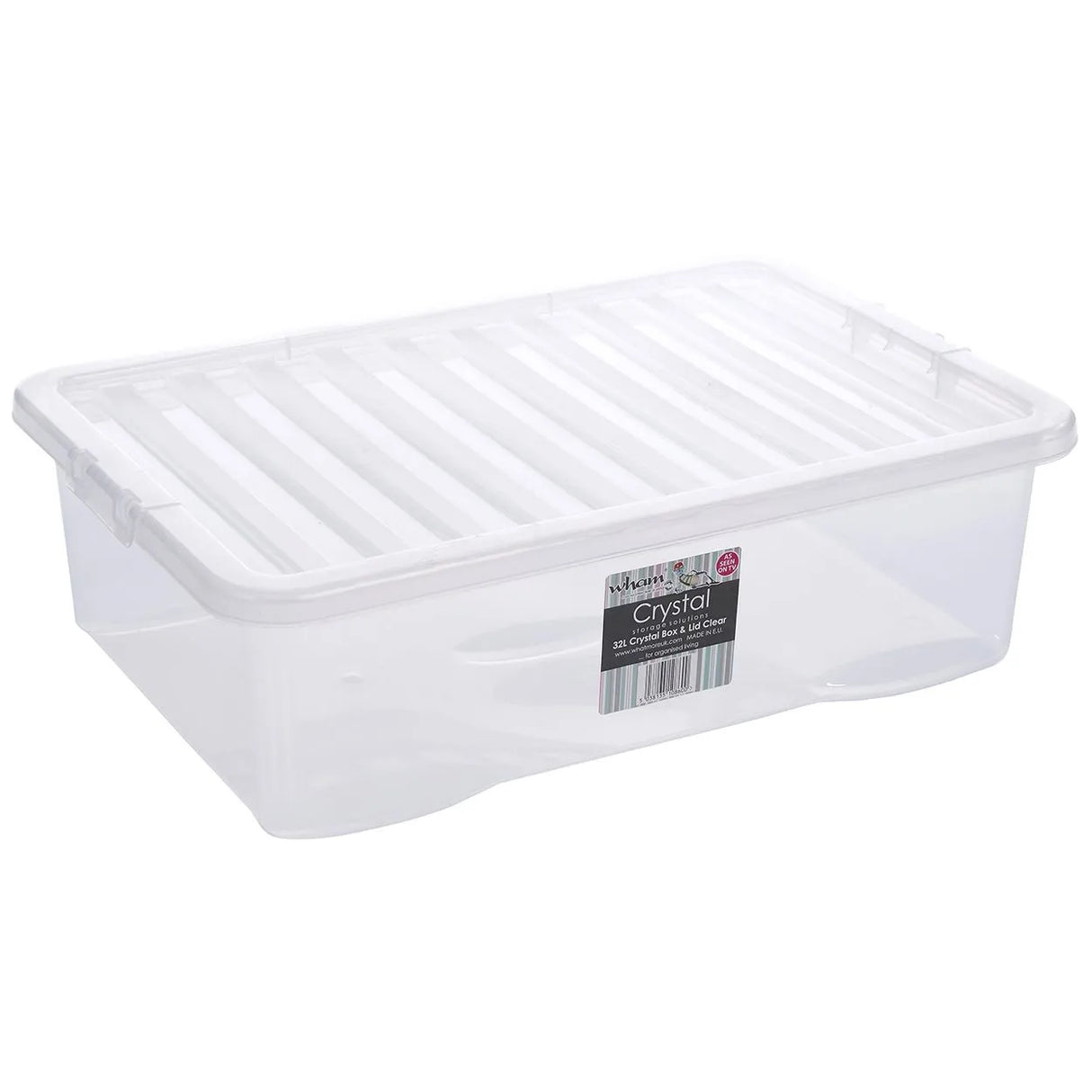 Clear plastic underbed storage box with lid and handles, 32 litre capacity, featuring internal dividers and transparent design with Wham Crystal branding label