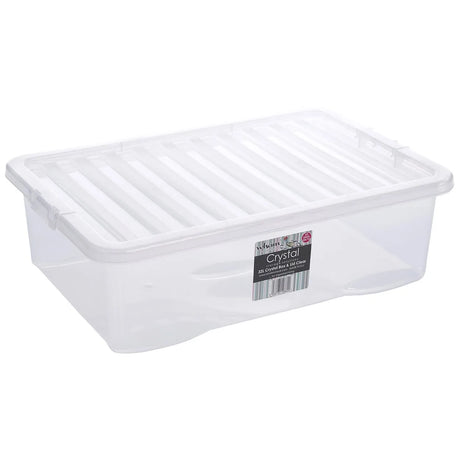Clear plastic underbed storage box with lid and handles, 32 litre capacity, featuring internal dividers and transparent design with Wham Crystal branding label