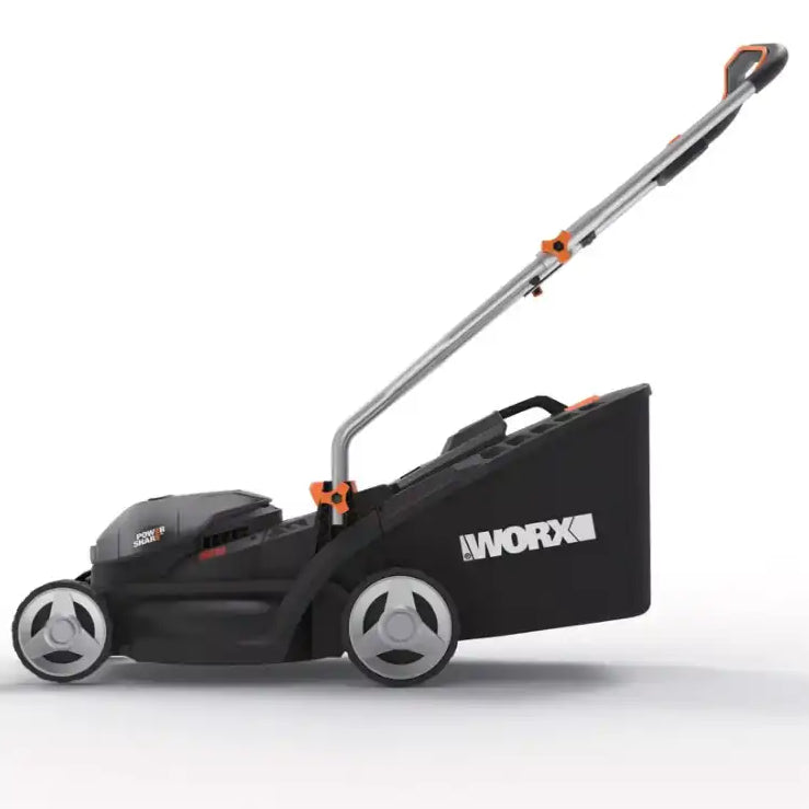 WorX WG733E 20V cordless lawnmower in black and grey with orange accents, featuring a 33cm cutting deck, telescopic handle, and included 4.0Ah battery and charger, shown against a white background