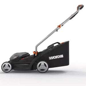 WorX WG733E 20V cordless lawnmower in black and grey with orange accents, featuring a 33cm cutting deck, telescopic handle, and included 4.0Ah battery and charger, shown against a white background
