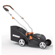 WorX 20V 33cm electric lawnmower with black deck and orange accents, featuring dual white wheels, grass collection bag, and dual handlebar controls on white background
