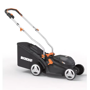 WorX 20V 33cm electric lawnmower with black deck and orange accents, featuring dual white wheels, grass collection bag, and dual handlebar controls on white background