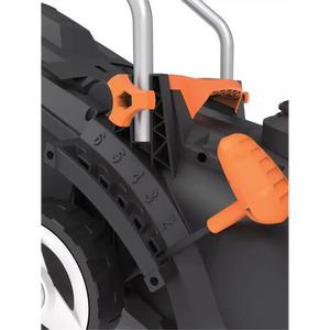 Close-up of WorX WG733E 20V cordless lawnmower showing orange and black handle grips, silver metal frame tubes, and numbered adjustment slots on black chassis detail