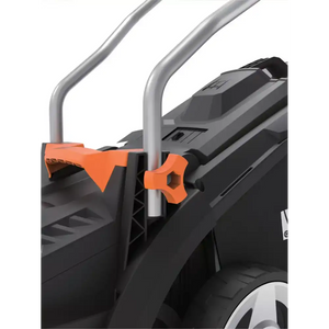 WorX WG733E 20V cordless lawnmower showing orange and black handle grips with silver curved handles and black mower deck detail