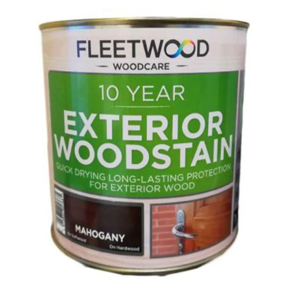 Fleetwood Woodcare 10 Year Exterior Woodstain in Mahogany 250ml tin can with green label showing quick drying long-lasting protection for exterior wood, displayed against white background