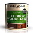 Fleetwood 10 Year Exterior Woodstain in Walnut colour, 250ml tin with green label showing product features and ideal for decking, displaying walnut and cedar wood finish samples