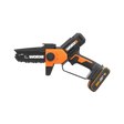 WORX 20V cordless mini chainsaw with 5-inch bar in orange and black, featuring rechargeable 2Ah battery and charger included