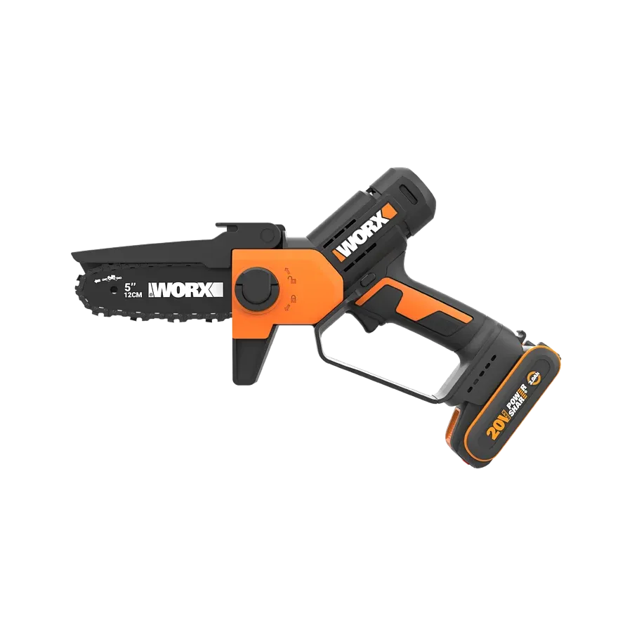 WORX 20V cordless mini chainsaw with 5-inch bar in orange and black, featuring rechargeable 2Ah battery and charger included