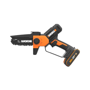 WORX 20V cordless mini chainsaw with 5-inch bar in orange and black, featuring rechargeable 2Ah battery and charger included
