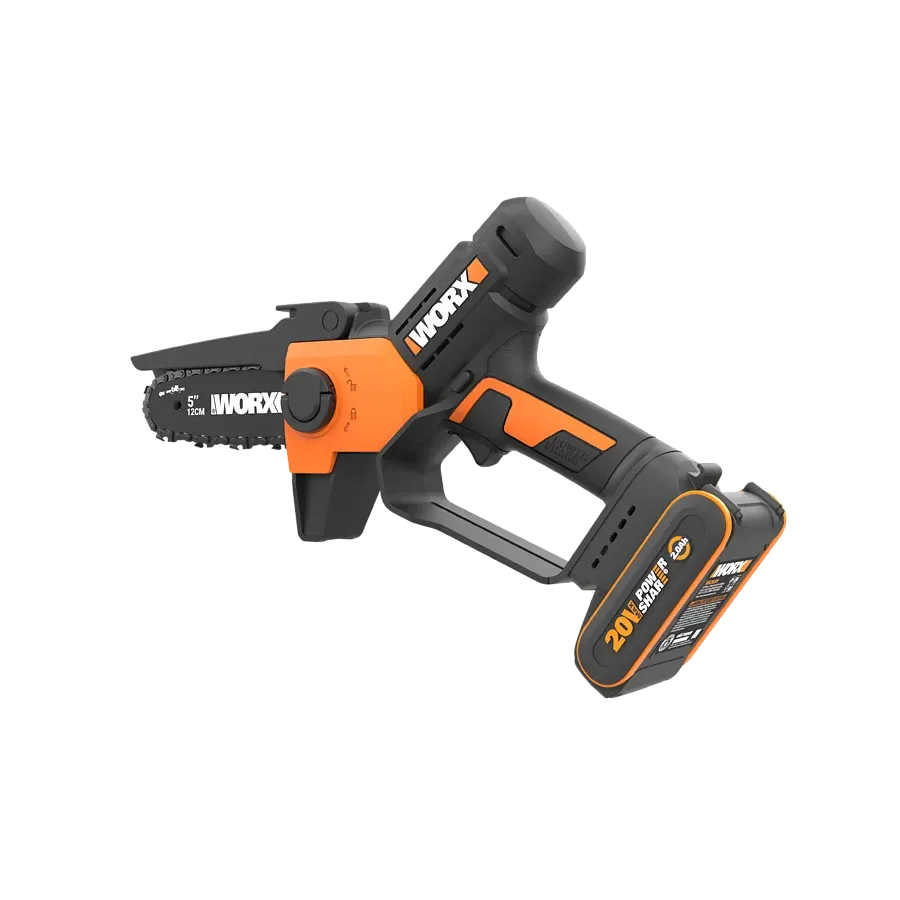Worx 20V cordless mini chainsaw with orange and black design, featuring 5-inch cutting bar, includes 2Ah battery pack and charger
