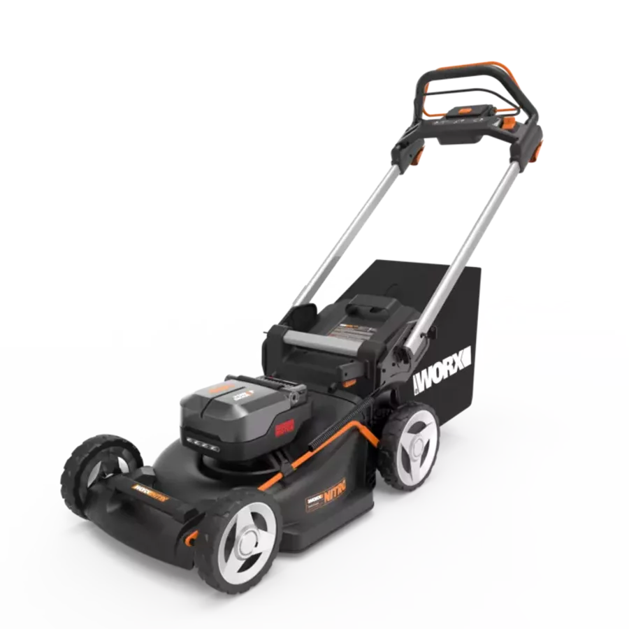 Worx 40V brushless self-propelled battery lawn mower with 46cm cutting deck, featuring black and orange design with silver handles, white wheels, and detachable battery pack shown on white background