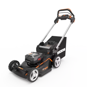 Worx 40V brushless self-propelled battery lawn mower with 46cm cutting deck, featuring black and orange design with silver handles, white wheels, and detachable battery pack shown on white background