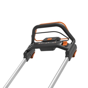 Worx 40V brushless self-propelled battery lawn mower with 46cm cutting deck, featuring black and orange handle grips, silver aluminum shaft, and control panel with orange accent button