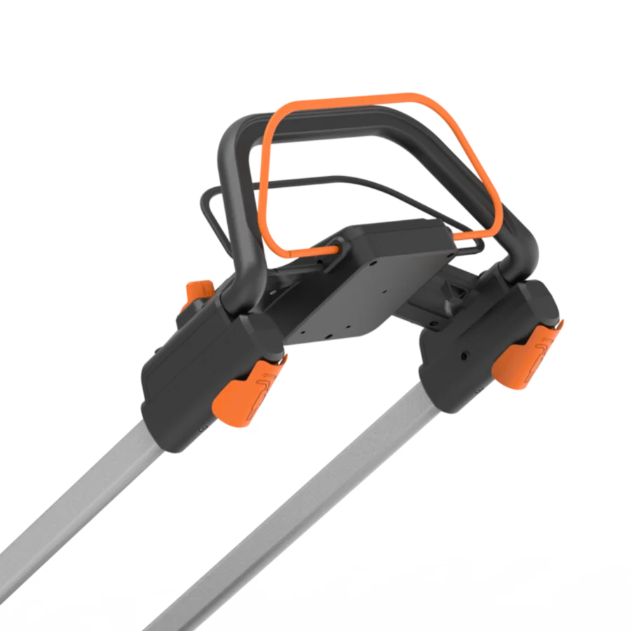 Worx 40V brushless self-propelled battery lawn mower with 46cm cutting width featuring black and orange handles and gray metal chassis viewed from above angle