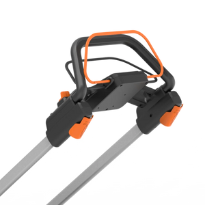 Worx 40V brushless self-propelled battery lawn mower with 46cm cutting width featuring black and orange handles and gray metal chassis viewed from above angle
