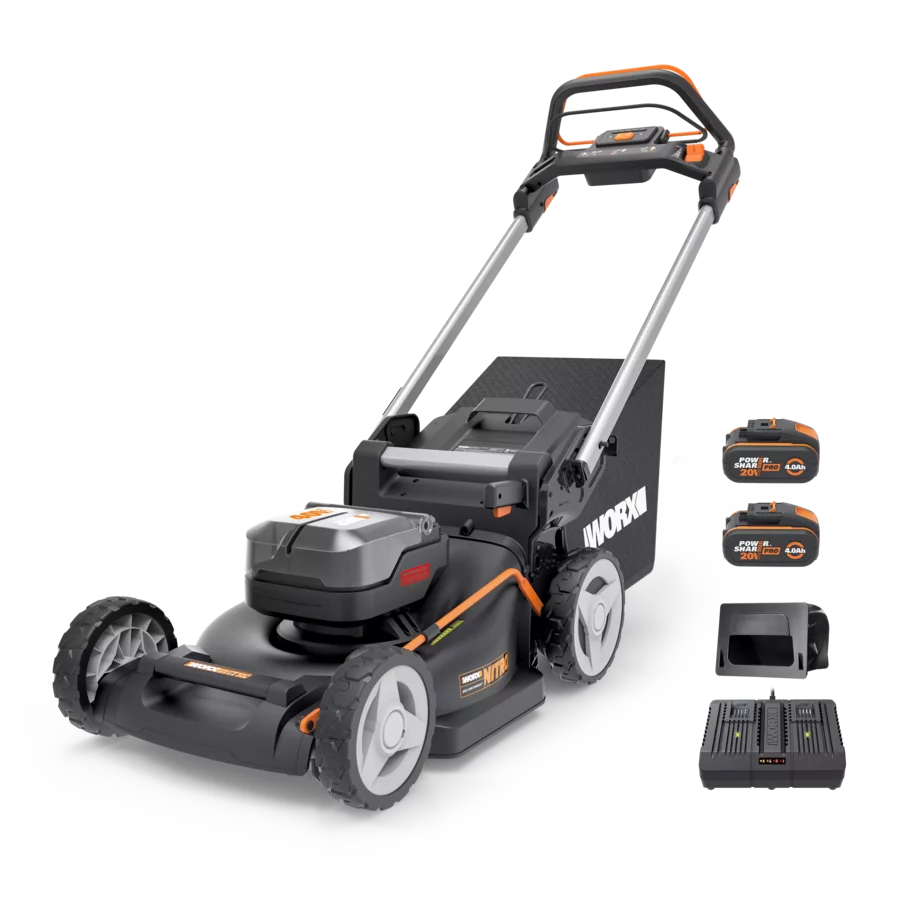 A Worx 40V Brushless Self Propelled Battery Lawn Mower with a 46cm blade. The mower is black and orange with a gray deck, shown with additional batteries and a grass bag.