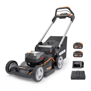 A Worx 40V Brushless Self Propelled Battery Lawn Mower with a 46cm blade. The mower is black and orange with a gray deck, shown with additional batteries and a grass bag.