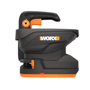 Worx PowerShare 20V cordless spreader bare tool in black and orange with hopper tank and adjustable dial control knob
