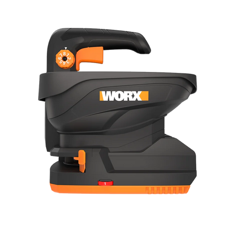 Worx PowerShare 20V cordless spreader bare tool in black and orange with hopper tank and adjustable dial control knob