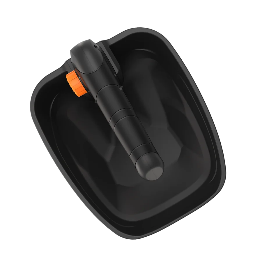Black Worx PowerShare cordless spreader with orange accent strap, 20V bare tool model WG869E.9, shown in carrying case against white background