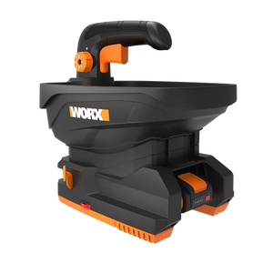 Worx PowerShare 20V cordless spreader bare tool WG869E.9 in black and orange with hopper tank and trigger handle