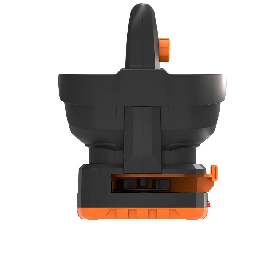Top-down view of Worx PowerShare 20V cordless spreader showing black plastic hopper with orange accents, orange battery slot on right side, and orange base with control handle