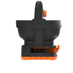 Top-down view of Worx PowerShare 20V cordless spreader showing black plastic hopper with orange accents, orange battery slot on right side, and orange base with control handle