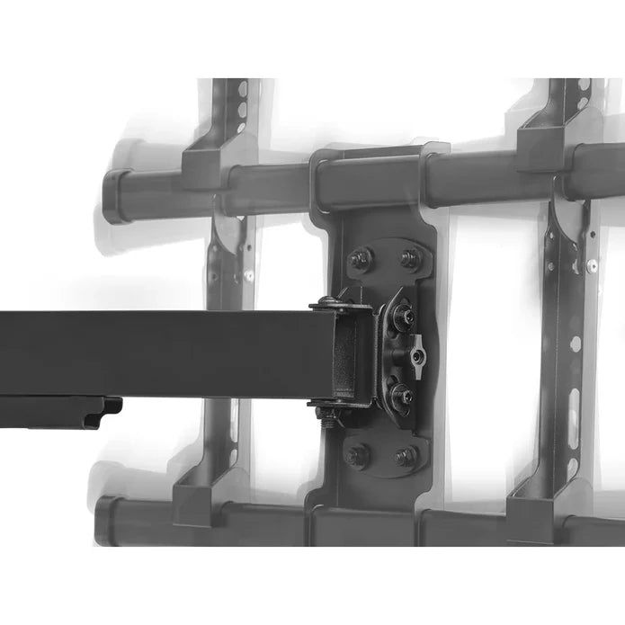 Black full motion TV wall bracket mount with articulating arm and tilt adjustment mechanism, compatible with 32 to 77 inch televisions, shown from side angle displaying mounting hardware and adjustment joints