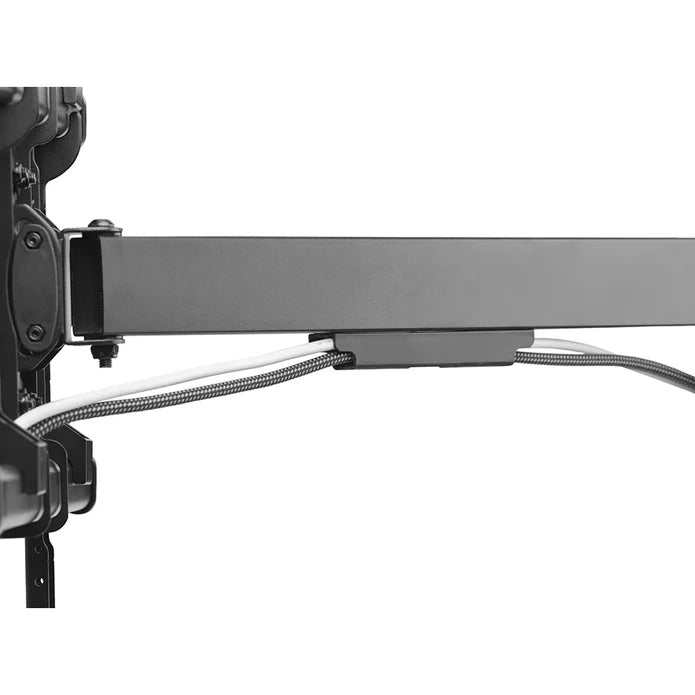 Black full motion TV wall mount bracket with gray horizontal arm and metal braided cable management system for 32 to 77 inch televisions