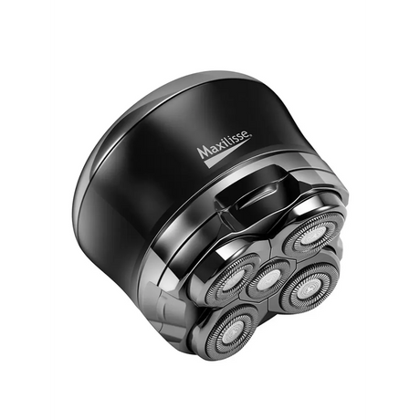 Maxilisse professional electric head shaver with black body and chrome shaving head featuring five circular floating blade cartridges