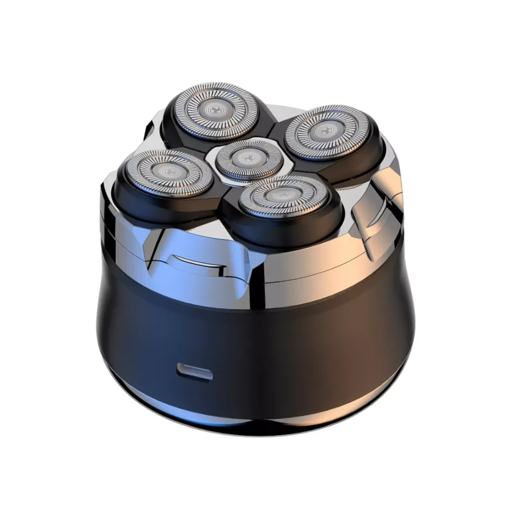 JML Maxilisse professional electric head shaver with 5 floating rotary blades, featuring a black cylindrical body with blue and rose gold accents and a power button