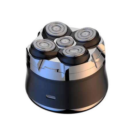 JML Maxilisse professional electric head shaver with 5 floating rotary blades, featuring a black cylindrical body with blue and rose gold accents and a power button