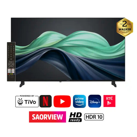Walker 32 inch HD smart TV with black bezel and stand displaying green and dark blue wave artwork on screen, includes remote control, TiVo powered with streaming apps including Netflix YouTube Prime Video Disney+ and RTE, HDR 10 ready, 2 year parts and labour warranty badge visible