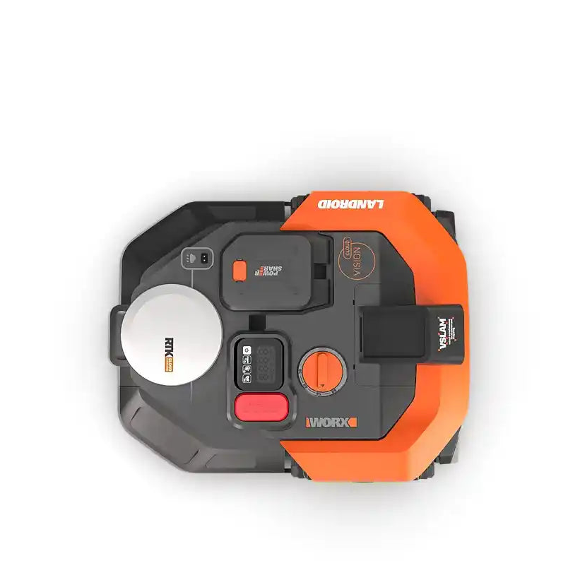 Worx Landroid Vision AI RTK robot lawn mower with orange and black design, showing top view with white circular cutting deck, control buttons and digital display panel