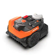 Worx Landroid Vision AI RTK robotic lawnmower with orange and black chassis, featuring white control panel on top, sturdy black wheels, and compact autonomous design for lawn care up to 300m2
