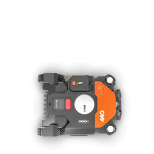 Top-down view of Worx Landroid Vision AI RTK robotic lawnmower with orange and dark gray chassis, showing control panel with red button, white circular sensor, grip handles, and branding