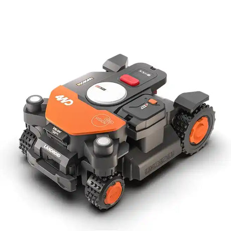 Worx Landroid Vision AI RTK robotic lawnmower with orange and black design, featuring four-wheel drive, wireless remote control, and all-terrain tread wheels for automated lawn care up to 1000m2