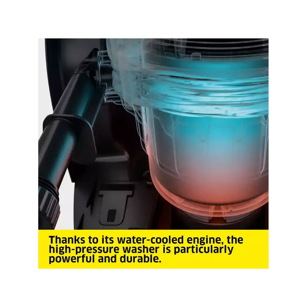 Kärcher K5 pressure washer with water-cooled engine showing transparent tank with blue liquid at top and red/pink liquid at bottom, demonstrating water cooling system capability